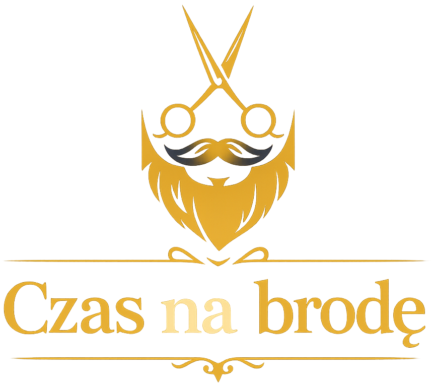Grafika wektorowa przedstawiająca logo w kolorze złotym. Na górze widnieje stylizowana ikona brody i wąsów połączona z otwartymi nożyczkami fryzjerskimi. Poniżej znajduje się elegancki napis „Czas na brodę” ujęty pomiędzy dwiema ozdobnymi, poziomymi liniami z dekoracyjnymi zawijasami. Całość prezentowana jest na szaro-białej szachownicy symbolizującej przezroczystość tła (format PNG).